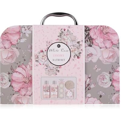 accentra Kit de bain et de soin rose blanche pour femme – 5 pièces avec bain moussant, bombes de bain, gel douche et plus encore – Charmant coffret cadeau emballé dans une jolie mallette en papier accentra Kit de bain et de soin rose blanche pour femme – 5 pièces avec bain moussant, bombes de bain, gel douche et plus encore – Charmant coffret cadeau emballé dans une jolie mallette en papier