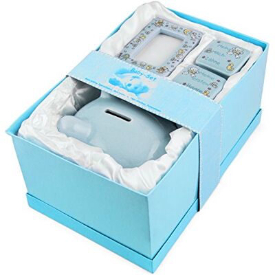 BRUBAKER Coffret cadeau Bébé/Naissance 4 Pièces Ma première tirelire, Boîte à dents de lait, Boîte à mèche de cheveux & Cadre photo Bleu/Garçon Allemand BRUBAKER Coffret cadeau Bébé/Naissance 4 Pièces Ma première tirelire, Boîte à dents de lait, Boîte à mèche de cheveux & Cadre photo Bleu/Garçon Allemand