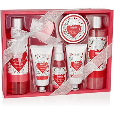 BRUBAKER Cosmetics Sweet Love Ensemble de bain et douche 8 pièces Fraise dans panier en bois décoratif Coffret cadeau motif floral Rose BRUBAKER Cosmetics Sweet Love Ensemble de bain et douche 8 pièces Fraise dans panier en bois décoratif Coffret cadeau motif floral Rose