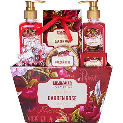 BRUBAKER Cosmetics Coffret de bain & douche Jardin fleuri/Rose/Violette 7 Pièces Panier rétro décoratif Idée cadeau BRUBAKER Cosmetics Coffret de bain & douche Jardin fleuri/Rose/Violette 7 Pièces Panier rétro décoratif Idée cadeau