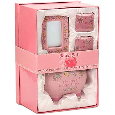 BRUBAKER Coffret cadeau Bébé/Naissance 4 Pièces Ma première tirelire, Boîte à dents de lait, Boîte à mèche de cheveux & Cadre photo Rose/Fille Anglais BRUBAKER Coffret cadeau Bébé/Naissance 4 Pièces Ma première tirelire, Boîte à dents de lait, Boîte à mèche de cheveux & Cadre photo Rose/Fille Anglais
