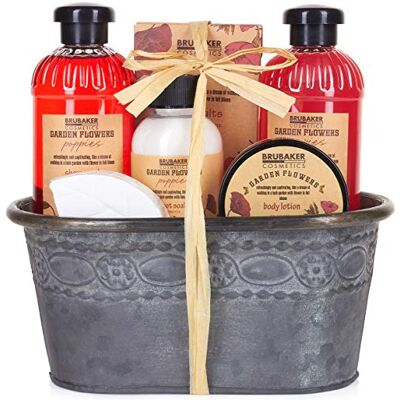 BRUBAKER Cosmetics Coffret de bain & douche Fleur de coquelicot 7 Pièces Bassine vintage décorative Idée cadeau BRUBAKER Cosmetics Coffret de bain & douche Fleur de coquelicot 7 Pièces Bassine vintage décorative Idée cadeau