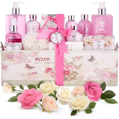 BRUBAKER Cosmetics Coffret de bain & douche Jardin fleuri/Rose 17 Pièces Boîte vintage décorative Idée cadeau BRUBAKER Cosmetics Coffret de bain & douche Jardin fleuri/Rose 17 Pièces Boîte vintage décorative Idée cadeau