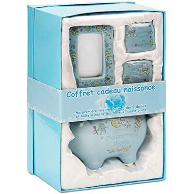 BRUBAKER Coffret cadeau Bébé/Naissance 4 Pièces Ma première tirelire, Boîte à dents de lait, Boîte à mèche de cheveux & Cadre photo Bleu/Garçon Français BRUBAKER Coffret cadeau Bébé/Naissance 4 Pièces Ma première tirelire, Boîte à dents de lait, Boîte à mèche de cheveux & Cadre photo Bleu/Garçon Français