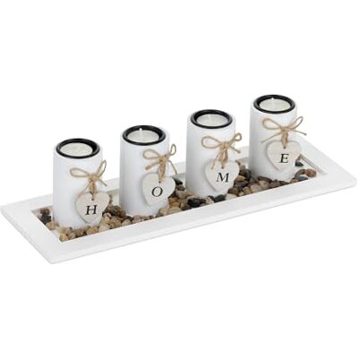 Relaxdays Lot de photophores avec plateau et pierres, 39,5 cm de long, décoration de table pour salon, salle à manger, bougeoirs, blancs Relaxdays Lot de photophores avec plateau et pierres, 39,5 cm de long, décoration de table pour salon, salle à manger, bougeoirs, blancs