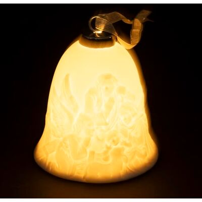 Tivoli Cloche LED en céramique blanche H 9,4 cm, décor nativité, XMas Tivoli Cloche LED en céramique blanche H 9,4 cm, décor nativité, XMas