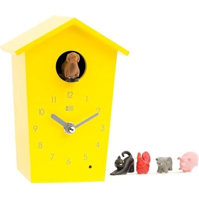 KOOKOO AnimalHouse Jaune Petite montre à coucou moderne avec 5 animaux de la ferme et des photos de la nature, avec un design convivial et moderne. KOOKOO AnimalHouse Jaune Petite montre à coucou moderne avec 5 animaux de la ferme et des photos de la nature, avec un design convivial et moderne.
