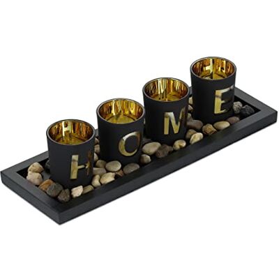 Relaxdays Lot de photophores avec plateau et pierres, 33 cm, décoration de table pour salon, salle à manger, photophores Home, noir Relaxdays Lot de photophores avec plateau et pierres, 33 cm, décoration de table pour salon, salle à manger, photophores Home, noir