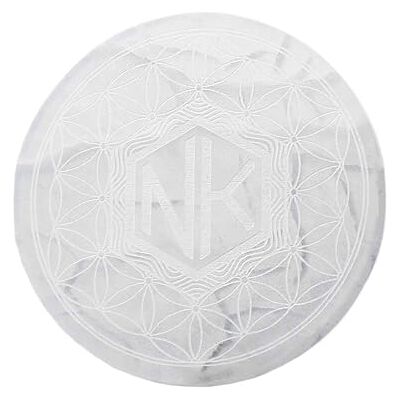 NKlaus Plaque de charge sélénite, polie, diamètre 12 cm, gravure fleur de vie, 1 pièce NKlaus Plaque de charge sélénite, polie, diamètre 12 cm, gravure fleur de vie, 1 pièce