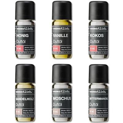 wesentlich. Kit d'huiles parfumées Compositions parfumées harmonieuses pour lampe à parfum, diffuseur et bougies Vanille, noix de coco, miel, bois de santal, musc, amande amère wesentlich. Kit d'huiles parfumées Compositions parfumées harmonieuses pour lampe à parfum, diffuseur et bougies Vanille, noix de coco, miel, bois de santal, musc, amande amère