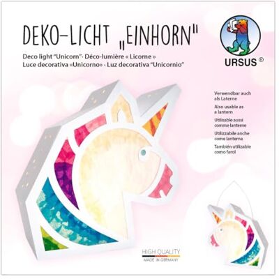 Ursus Kit de bricolage lumière décorative licorne 7 x 18,7 x 18,8 cm 18490001F Kit de bricolage licorne en forme de lanterne ou veilleuse avec pièces de découpe, papier, support de lanterne et Ursus Kit de bricolage lumière décorative licorne 7 x 18,7 x 18,8 cm 18490001F Kit de bricolage licorne en forme de lanterne ou veilleuse avec pièces de découpe, papier, support de lanterne et