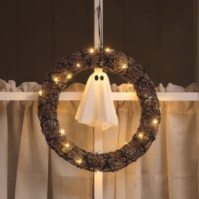 Lights4fun Couronne de porte d'Halloween avec fantôme, LED, fonctionnement à piles et minuterie Lights4fun Couronne de porte d'Halloween avec fantôme, LED, fonctionnement à piles et minuterie