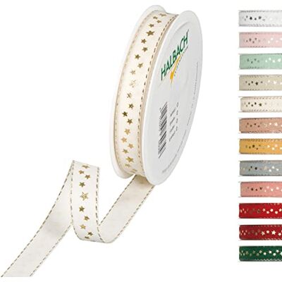Halbach Ruban de soie de Noël 15 mm x 18 m Ruban cadeau de Noël pour emballage de cadeaux Ruban imprimé étoiles dorées et bords en lurex Couleur : crème Halbach Ruban de soie de Noël 15 mm x 18 m Ruban cadeau de Noël pour emballage de cadeaux Ruban imprimé étoiles dorées et bords en lurex Couleur : crème
