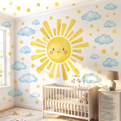 DECOWALL Sticker mural aquarelle XL Soleil et nuages (SG4-2610) 1 grand soleil (88,5 × 87,6 cm), 20 nuages et 56 points ; autocollant, amovible, dimensions totales : environ 71 × 53 pouces DECOWALL Sticker mural aquarelle XL Soleil et nuages (SG4-2610) 1 grand soleil (88,5 × 87,6 cm), 20 nuages et 56 points ; autocollant, amovible, dimensions totales : environ 71 × 53 pouces