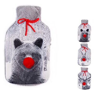 H&H Sac d'eau chaude, 2 l, revêtement doux, décoration d'animaux avec pompom, multicolore H&H Sac d'eau chaude, 2 l, revêtement doux, décoration d'animaux avec pompom, multicolore