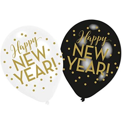 amscan 9902872 Lot de 6 Ballons en Latex Happy New Year doré 27 5 cm, 10132260, Noir/Blanc/Or amscan 9902872 Lot de 6 Ballons en Latex Happy New Year doré 27 5 cm, 10132260, Noir/Blanc/Or