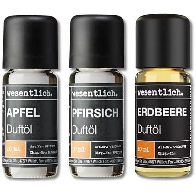 wesentlich. Ensemble d'huiles parfumées Composition harmonieuse pour brûleur, diffuseur et bougies Fraise, pomme, pêche wesentlich. Ensemble d'huiles parfumées Composition harmonieuse pour brûleur, diffuseur et bougies Fraise, pomme, pêche