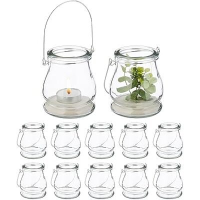 Relaxdays Lot de 12 photophores en verre avec anse pour intérieur et extérieur 10 x 8,5 cm Transparent/argenté 8,5 cm Relaxdays Lot de 12 photophores en verre avec anse pour intérieur et extérieur 10 x 8,5 cm Transparent/argenté 8,5 cm