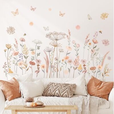 DECOWALL SG2-2421 Stickers muraux avec fleurs bohèmes à l'aquarelle, fleurs sauvages, herbe, décoration d'intérieur, décoration de la chambre à coucher, décoration d'intérieur amovible et amovible DECOWALL SG2-2421 Stickers muraux avec fleurs bohèmes à l'aquarelle, fleurs sauvages, herbe, décoration d'intérieur, décoration de la chambre à coucher, décoration d'intérieur amovible et amovible