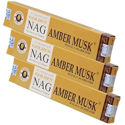 NKlaus Golden Nag Lot de 3 bâtonnets d'encens musc d'ambre doré 45 g Parfum épicé et chaud avec note de musc 100 % naturel 3 bâtonnets d'encens pour la détente et le bien-être NKlaus Golden Nag Lot de 3 bâtonnets d'encens musc d'ambre doré 45 g Parfum épicé et chaud avec note de musc 100 % naturel 3 bâtonnets d'encens pour la détente et le bien-être