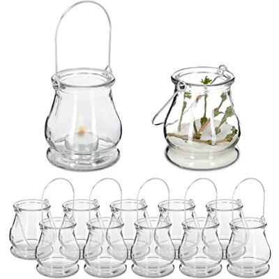 Relaxdays Lot de 12 photophores en verre, avec anse à suspendre, intérieur et extérieur, H 10 x 8,5 cm, 90% transparent, argenté Relaxdays Lot de 12 photophores en verre, avec anse à suspendre, intérieur et extérieur, H 10 x 8,5 cm, 90% transparent, argenté