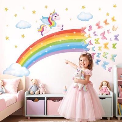 DECOWALL SG2-2401 Sticker mural arc-en-ciel motif licorne, papillons, étoiles, nuages, pour chambre d'enfant, chambre de bébé, fille DECOWALL SG2-2401 Sticker mural arc-en-ciel motif licorne, papillons, étoiles, nuages, pour chambre d'enfant, chambre de bébé, fille