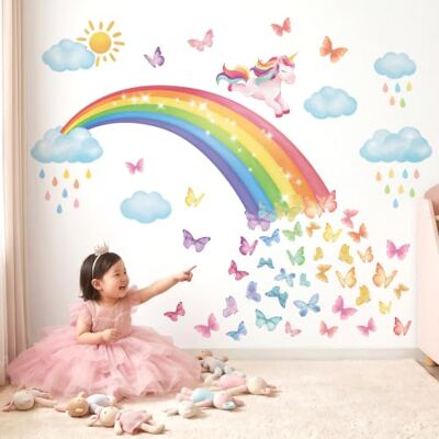 DECOWALL SG2-2309 Sticker mural arc-en-ciel Motif licorne Nuages et papillons Décoration murale pour chambre de fille ou de bébé DECOWALL SG2-2309 Sticker mural arc-en-ciel Motif licorne Nuages et papillons Décoration murale pour chambre de fille ou de bébé