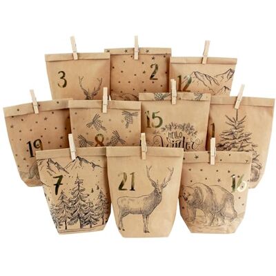 Papierdrachen Calendrier de l'Avent DIY à remplir 24 sacs cadeaux imprimés et 24 autocollants et pinces à numéros motif Noir hiver confortable pour bricoler et offrir Noël Papierdrachen Calendrier de l'Avent DIY à remplir 24 sacs cadeaux imprimés et 24 autocollants et pinces à numéros motif Noir hiver confortable pour bricoler et offrir Noël