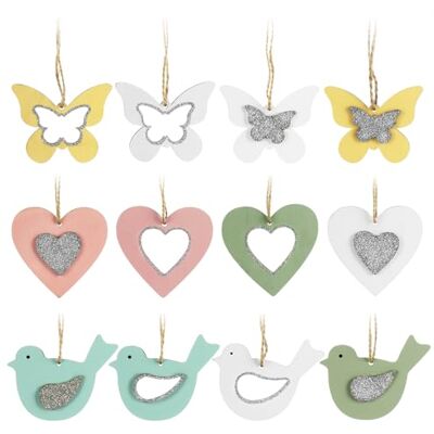 com-four ® 12x cintres décoratifs en bois avec paillettes, papillon coeur et oiseau à suspendre décoration printanière com-four ® 12x cintres décoratifs en bois avec paillettes, papillon coeur et oiseau à suspendre décoration printanière