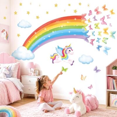 DECOWALL SG2-2401 Sticker mural arc-en-ciel motif licorne, papillons, étoiles, nuages, pour chambre d'enfant, chambre de bébé, fille DECOWALL SG2-2401 Sticker mural arc-en-ciel motif licorne, papillons, étoiles, nuages, pour chambre d'enfant, chambre de bébé, fille