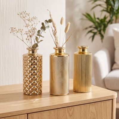levandeo Lot de 3 vases en verre doré Hauteur : 13 cm Décoration de table Vase décoratif métallique Art déco levandeo Lot de 3 vases en verre doré Hauteur : 13 cm Décoration de table Vase décoratif métallique Art déco