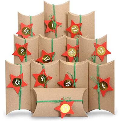Papierdrachen Calendrier de l'Avent 24 boîtes à coussins marron naturel avec autocollants numérotés Rouge vert Saison de Noël Doré 24 boîtes en carton Lot de 13 Papierdrachen Calendrier de l'Avent 24 boîtes à coussins marron naturel avec autocollants numérotés Rouge vert Saison de Noël Doré 24 boîtes en carton Lot de 13