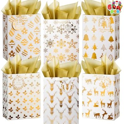 JOYIN Lot de 6 Sacs Cadeaux Avec Papier de Soie, 20,3 x 11,4 x 26,7 cm, en Papier d'Aluminium Doré, 6 Motifs Imprimés d'Hiver Pour Cadeaux, Fournitures de Fête, Bonbons de Noël JOYIN Lot de 6 Sacs Cadeaux Avec Papier de Soie, 20,3 x 11,4 x 26,7 cm, en Papier d'Aluminium Doré, 6 Motifs Imprimés d'Hiver Pour Cadeaux, Fournitures de Fête, Bonbons de Noël
