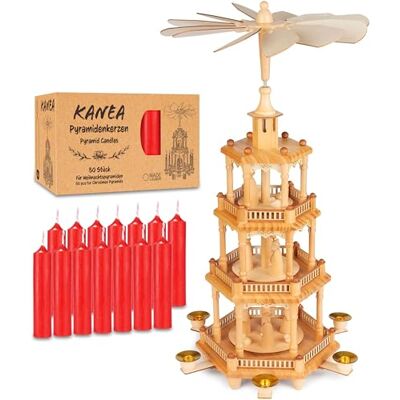 BRUBAKER Pyramide de Noël en bois avec lot de 50 bougies pyramides rouges 55 cm Pyramide de table rotative 4 étages Peint à la main BRUBAKER Pyramide de Noël en bois avec lot de 50 bougies pyramides rouges 55 cm Pyramide de table rotative 4 étages Peint à la main