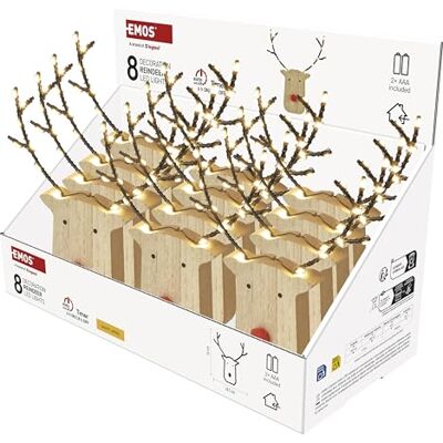 EMOS Tête de renne avec bois luminescent, 12 pièces Décoration en bois avec 8 LED, blanc chaud Minuterie 6/18 h Fonctionne avec 2 piles AAA incluses Durée de vie : 10 000 heures Pour EMOS Tête de renne avec bois luminescent, 12 pièces Décoration en bois avec 8 LED, blanc chaud Minuterie 6/18 h Fonctionne avec 2 piles AAA incluses Durée de vie : 10 000 heures Pour