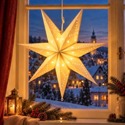 SALCAR Étoile en papier lumineuse de 55 cm à suspendre, étoile lumineuse de l'Avent avec lampe blanc chaud E14, décoration de fenêtre de Noël, en papier blanc SALCAR Étoile en papier lumineuse de 55 cm à suspendre, étoile lumineuse de l'Avent avec lampe blanc chaud E14, décoration de fenêtre de Noël, en papier blanc