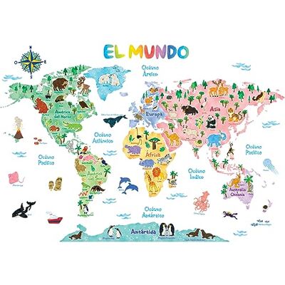 DECOWALL SG2-1615SES Sticker mural décoratif pour salon, chambre à coucher, chambre d'enfant, motif carte du monde animalier (en espagnol) DECOWALL SG2-1615SES Sticker mural décoratif pour salon, chambre à coucher, chambre d'enfant, motif carte du monde animalier (en espagnol)