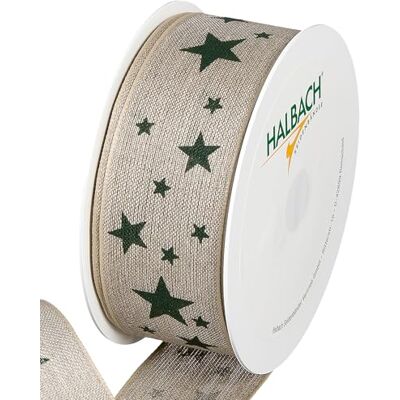 Halbach Seidenbänder Ruban cadeau étoiles Ruban en lin avec bord métallique et imprimé étoiles pour Noël Couleur : naturel/vert sapin Halbach Seidenbänder Ruban cadeau étoiles Ruban en lin avec bord métallique et imprimé étoiles pour Noël Couleur : naturel/vert sapin