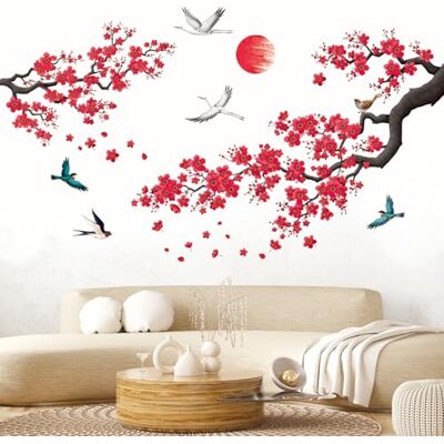 DECOWALL Stickers Muraux Branches Fleuries Rouges Oiseaux Grues (SG2-2406) Branches fleuries rouges avec oiseaux, grues et soleil; décor mural japonais amovible et facile à poser sur surfaces lisses DECOWALL Stickers Muraux Branches Fleuries Rouges Oiseaux Grues (SG2-2406) Branches fleuries rouges avec oiseaux, grues et soleil; décor mural japonais amovible et facile à poser sur surfaces lisses