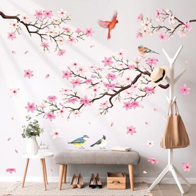 DECOWALL SG2-2305 Sticker mural Motif fleurs de cerisier Rose Branches Oiseaux Décoration murale pour chambre à coucher, salon, fenêtre DECOWALL SG2-2305 Sticker mural Motif fleurs de cerisier Rose Branches Oiseaux Décoration murale pour chambre à coucher, salon, fenêtre