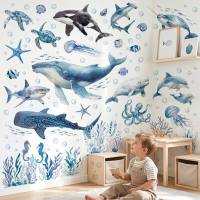 DECOWALL Sticker mural animaux marins baleine, dauphin, requin (SG2-2518) Autocollant, amovible, repositionnable Disposition flexible pour des surfaces lisses et une décoration marine personnalisée DECOWALL Sticker mural animaux marins baleine, dauphin, requin (SG2-2518) Autocollant, amovible, repositionnable Disposition flexible pour des surfaces lisses et une décoration marine personnalisée