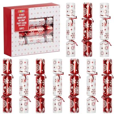 JOYIN Lot de 10 tables Arty de 25,4 cm avec flocons de neige rouges et blancs, avec chapeau de fête, blague et petit cadeau à l'intérieur, vacances, dîners, traditions JOYIN Lot de 10 tables Arty de 25,4 cm avec flocons de neige rouges et blancs, avec chapeau de fête, blague et petit cadeau à l'intérieur, vacances, dîners, traditions