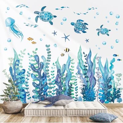 DECOWALL Stickers Muraux Océan Animaux Marins Tortues Algues (DS12-8084) Décor sous-marin bleu avec tortues, poissons, méduses et algues, facile à poser, amovible et repositionnable sur murs lisses DECOWALL Stickers Muraux Océan Animaux Marins Tortues Algues (DS12-8084) Décor sous-marin bleu avec tortues, poissons, méduses et algues, facile à poser, amovible et repositionnable sur murs lisses