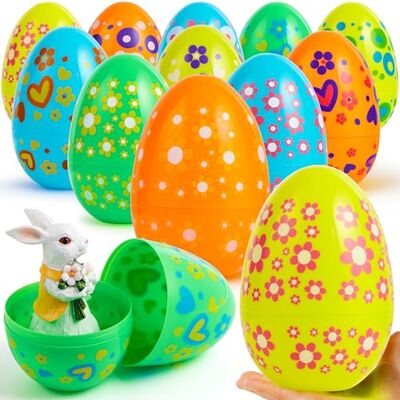 JOYIN Lot de 12 grands œufs de Pâques en plastique à remplir pour friandises de Pâques, cadeaux de fête, chasse aux œufs de Pâques, remplissage de panier, œufs surprise JOYIN Lot de 12 grands œufs de Pâques en plastique à remplir pour friandises de Pâques, cadeaux de fête, chasse aux œufs de Pâques, remplissage de panier, œufs surprise