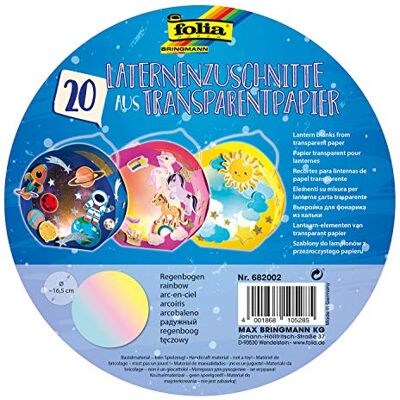 Folia 682002 Lot de 20 découpes de lanternes arc-en-ciel, en papier transparent 115 g/m², pour lanternes rondes, Ø 16,8 cm, pour bricolage de lanternes individuelles Folia 682002 Lot de 20 découpes de lanternes arc-en-ciel, en papier transparent 115 g/m², pour lanternes rondes, Ø 16,8 cm, pour bricolage de lanternes individuelles