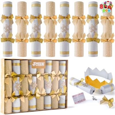 JOYIN Lot de 8 cadeaux de fête de Noël en forme de flocons de neige dorés et blancs avec chapeau de fête, blagues et cadeaux, prix pour dîner de Noël JOYIN Lot de 8 cadeaux de fête de Noël en forme de flocons de neige dorés et blancs avec chapeau de fête, blagues et cadeaux, prix pour dîner de Noël
