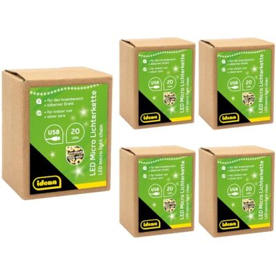 Idena 30256-5-LED Lot de 5 guirlandes lumineuses micro LED avec 20 LED blanc chaud avec fiche USB Longueur de chaque longueur pour intérieur bricolage décoration de fête de Noël mariage Argenté 1,25 m Idena 30256-5-LED Lot de 5 guirlandes lumineuses micro LED avec 20 LED blanc chaud avec fiche USB Longueur de chaque longueur pour intérieur bricolage décoration de fête de Noël mariage Argenté 1,25 m