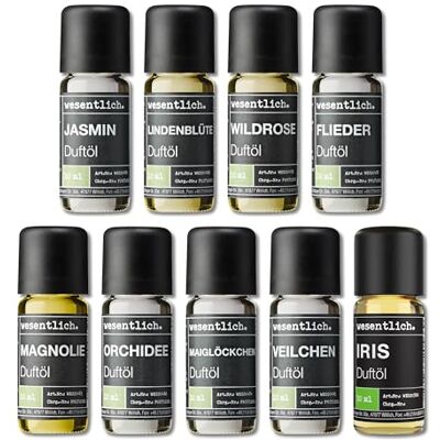 wesentlich. Ensemble d'huiles parfumées Composition harmonieuse pour lampe parfumée, diffuseur et bougies Jasmin, fleur de tilleul, rose, lilas, magnolia, orchidée, muguet, violet, iris wesentlich. Ensemble d'huiles parfumées Composition harmonieuse pour lampe parfumée, diffuseur et bougies Jasmin, fleur de tilleul, rose, lilas, magnolia, orchidée, muguet, violet, iris