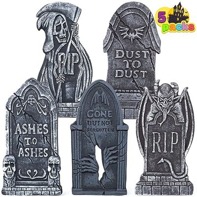 JOYIN Lot de 5 pierres tombales en mousse pour Halloween 43,2 cm Décorations en pierre tombale et 12 piquets en métal pour décorations d'Halloween JOYIN Lot de 5 pierres tombales en mousse pour Halloween 43,2 cm Décorations en pierre tombale et 12 piquets en métal pour décorations d'Halloween