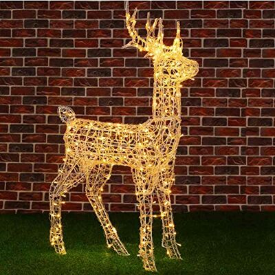 BAKAJI Renne de Noël Grand cerf lumineux Décoration d'extérieur pour jardin, Noël, 240 lumières LED blanc chaud Câble 8 m Corde et métal avec minuterie Hauteur 120 cm BAKAJI Renne de Noël Grand cerf lumineux Décoration d'extérieur pour jardin, Noël, 240 lumières LED blanc chaud Câble 8 m Corde et métal avec minuterie Hauteur 120 cm